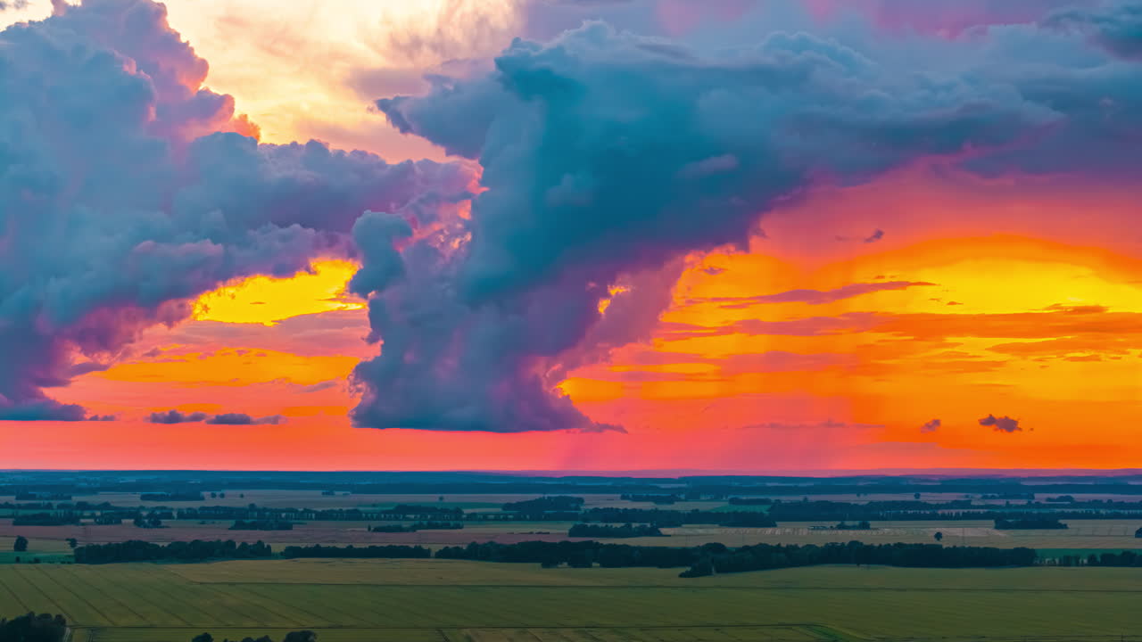 Cumulonimbus clouds gather over farmland crops at sunset for a cloudburst in this dramatic, high-altitude aerial hyper lapse or motion time lapse