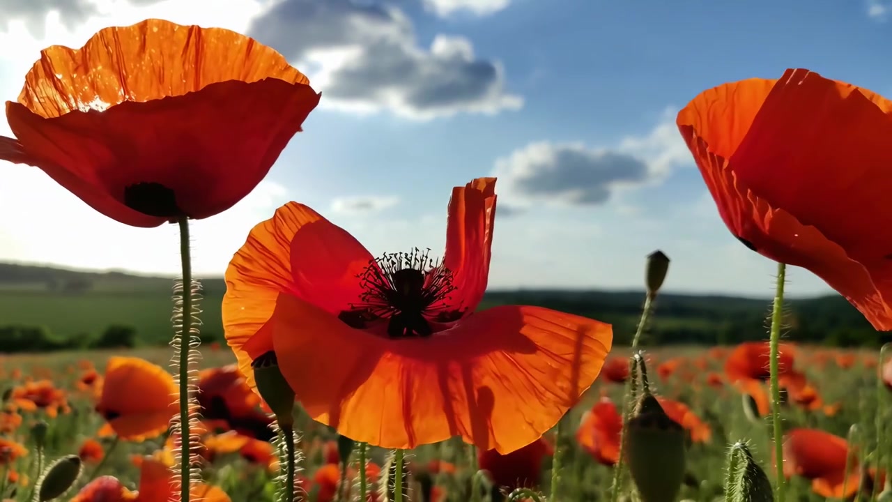 Primo piano di un'ape che impollina un papavero rosso in un campo vibrante