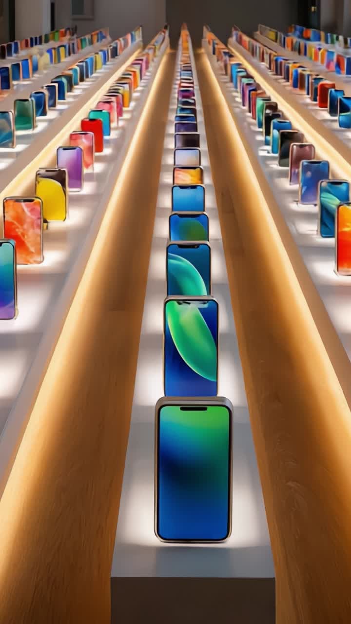 Stunning display of modern smartphones in a sleek, illuminated showroom setting, showcasing vibrant colors and innovative designs arranged in a captivating line