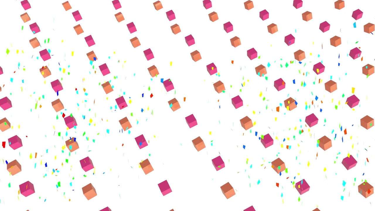 Animazione di forme geometriche colorate e coriandoli che cadono su sfondo bianco.