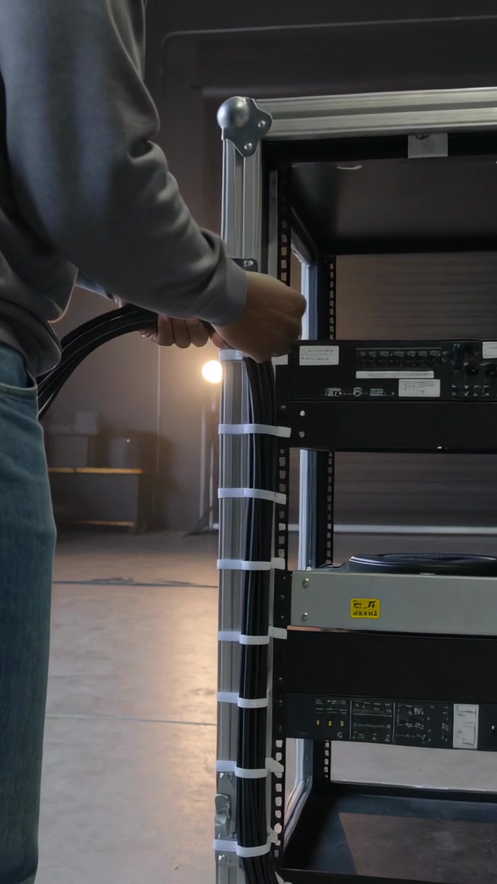 Vertikal video: Placerer kabel nær toppen af et rack, tekniker sænker og binder kabler med stropper for at fastgøre.