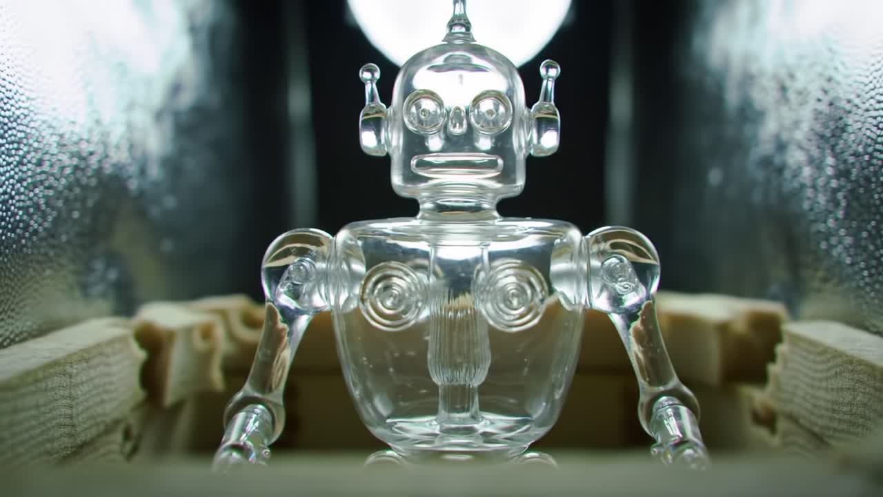 A Captivating Glass Robot Figurine with Intricate Details Captured in Artistic Lighting, Showcasing Unique Features and Transparent Design