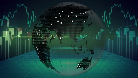 Monitor-De-Frecuencia-Cardíaca-Sobre-Un-Globo-Giratorio-Contra-El-Procesamiento-De-Datos-Estadísticos-Sobre-Fondo-Azul