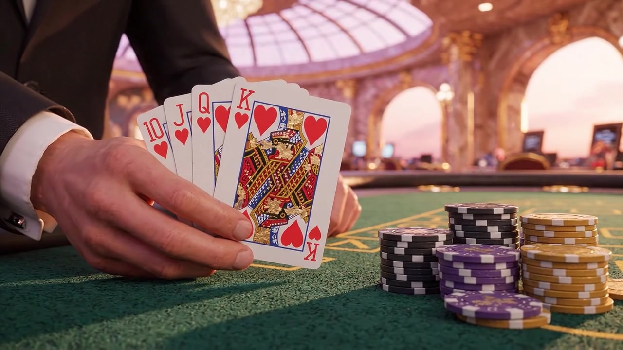 Kumarın Heyecanını ve Gerilimini Sergileyen, Kazanan Kartlar ve Renkli Poker Fişleriyle İki Karede Yakalanmış Yüksek Bahisli Bir Kumarhane Sahnesi