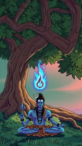 lord shiva meditating under a tree with blue flame