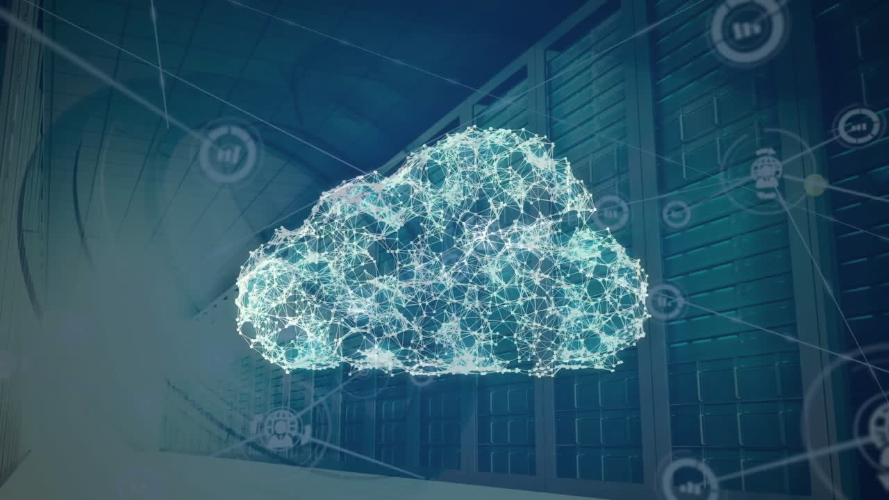 Animation of cloud icon and network of connections with icons over computer servers