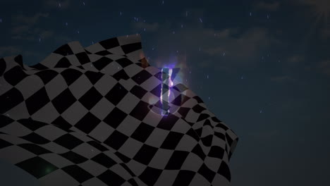 animación del brillante número uno ardiendo sobre la bandera de carreras blanca y negra ondeando