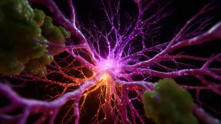 Visualizzazione complessa di una rete neurale: uno sguardo sorprendente alla complessità dei neuroni con cellule gliali in una rappresentazione dai colori vivaci
