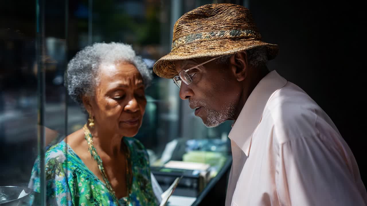 A Deep Connection: Two Elders Engage in Meaningful Conversation Inside a Brightly Lit Cafe with Reflective Glass Walls Capturing Their Intimate Moments and Expressions in the Urban Setting