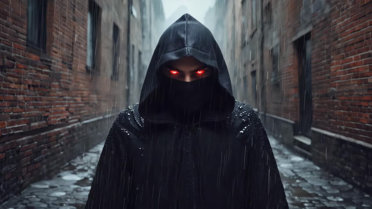 Mysterious Hooded Figure in Alleyway with Red Eyes