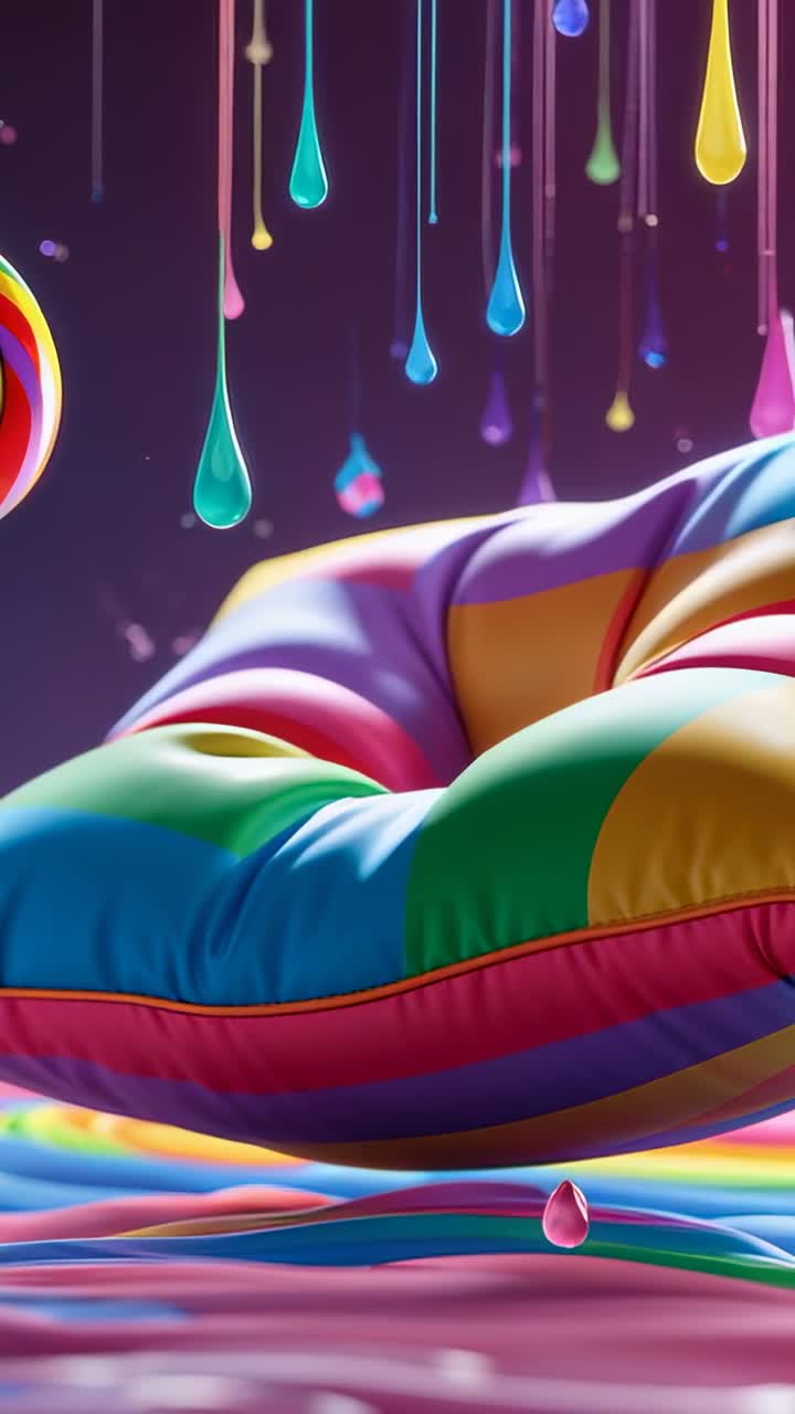 Vertical video: Rainbow torus cushion receiving paint droplets in studio, with swirling paint film