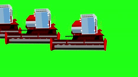 tres cosechadoras combinadas cosechando trigo. fondo de pantalla verde. animación en 4k.