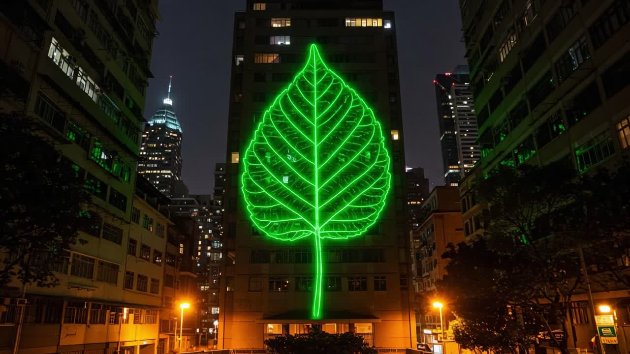 Illuminated Leaf Artwork on High-Rise Building Showcases Urban Nature Integration in a Bustling Cityscape at Night