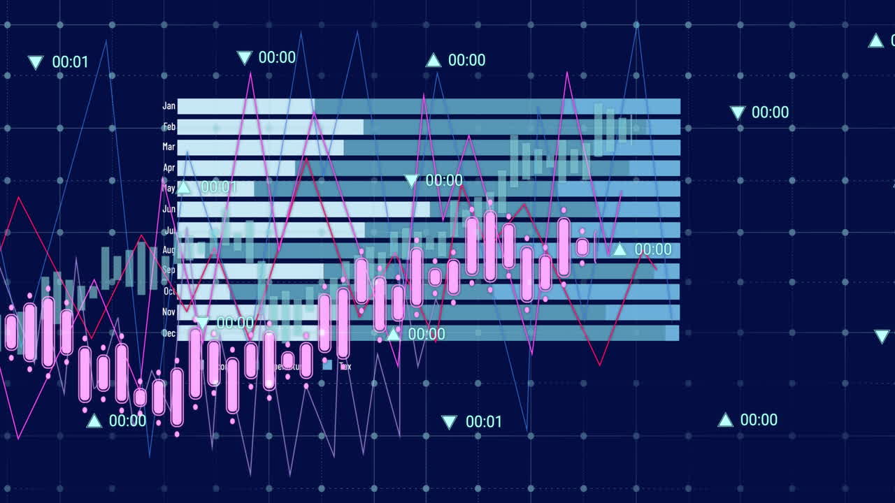 Animation of data processing over grid network against blue background