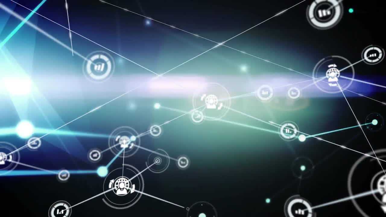 Animation of networks of connections with icons over black background