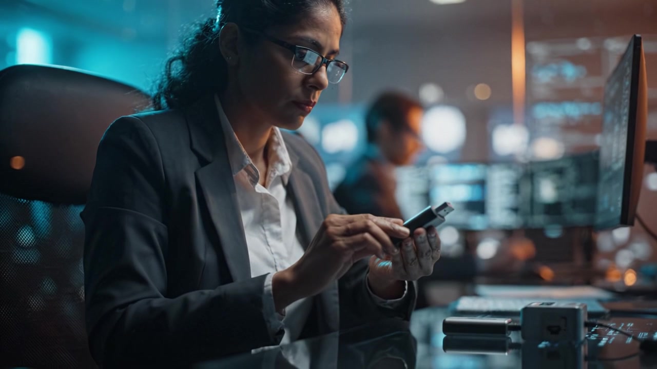 Focused Professional Analyzing Data on Computer in Modern Office Environment, Highlighting the Significance of Technology and Collaboration in Today's Workplace