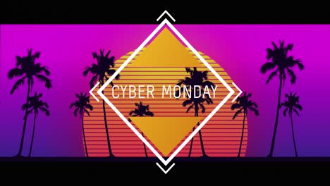 Animation-Eines-Cyber-Monday-Textes-über-Einem-Digitalen-Sonnenuntergang