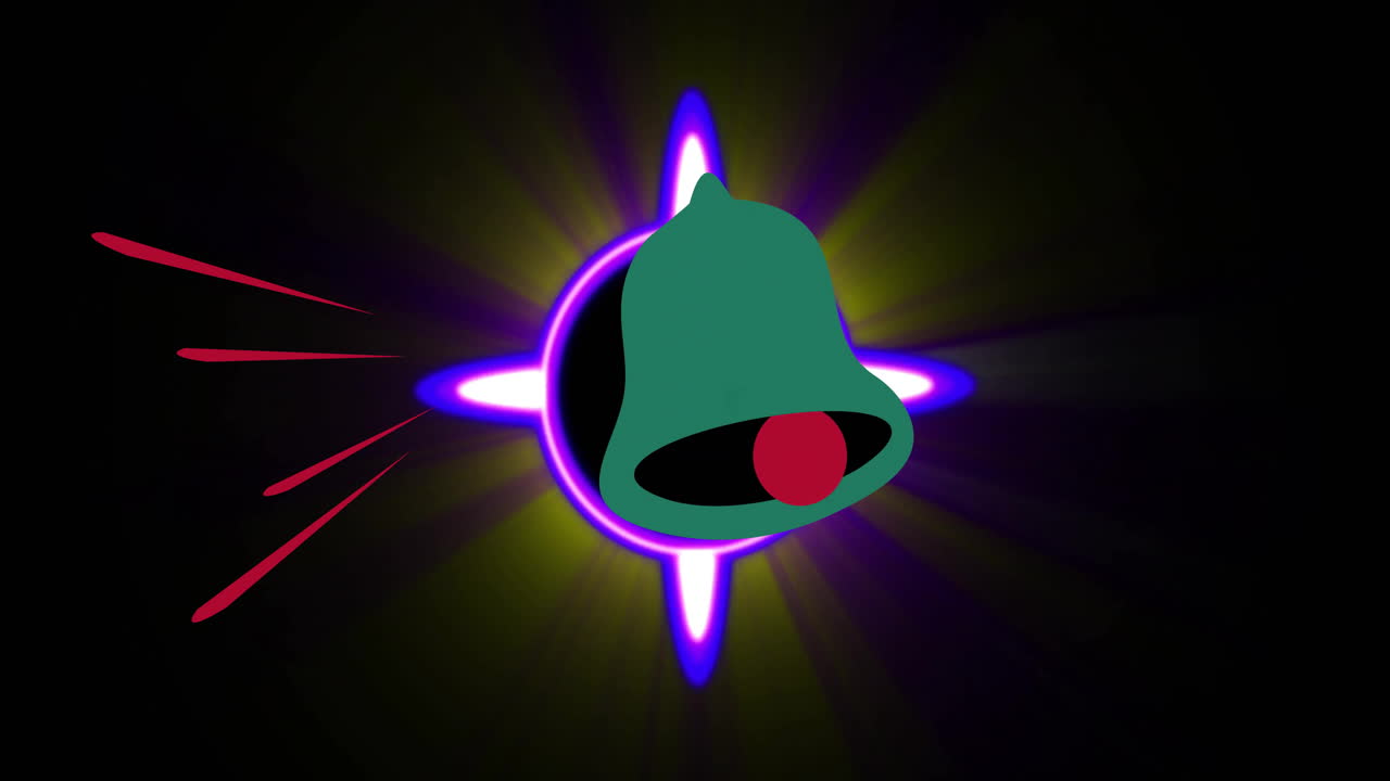 Green bell notification icon floating above cosmic eclipse with glowing purple ring and red streaks