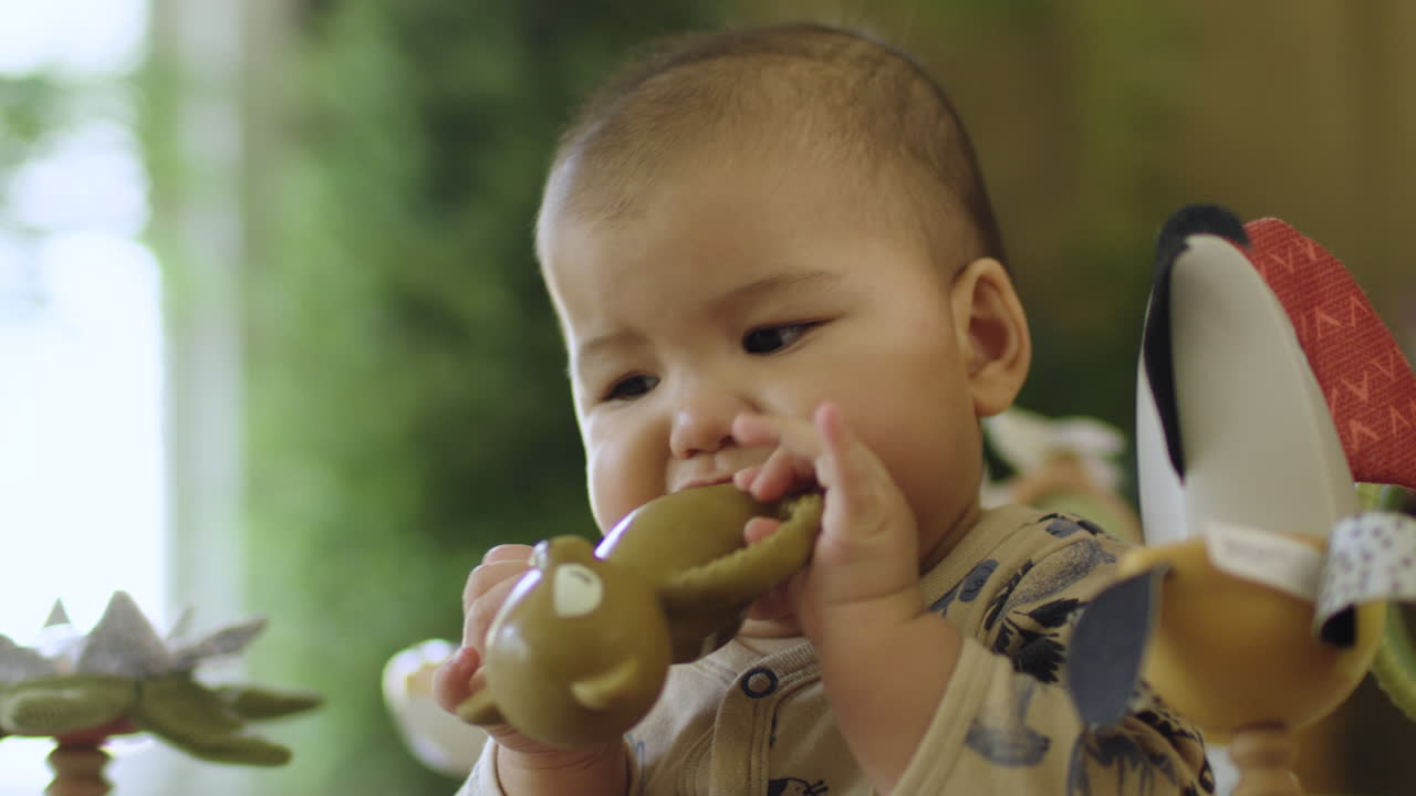 Cute 6 month old biracial Asian baby chewing on a teething toy and smiling