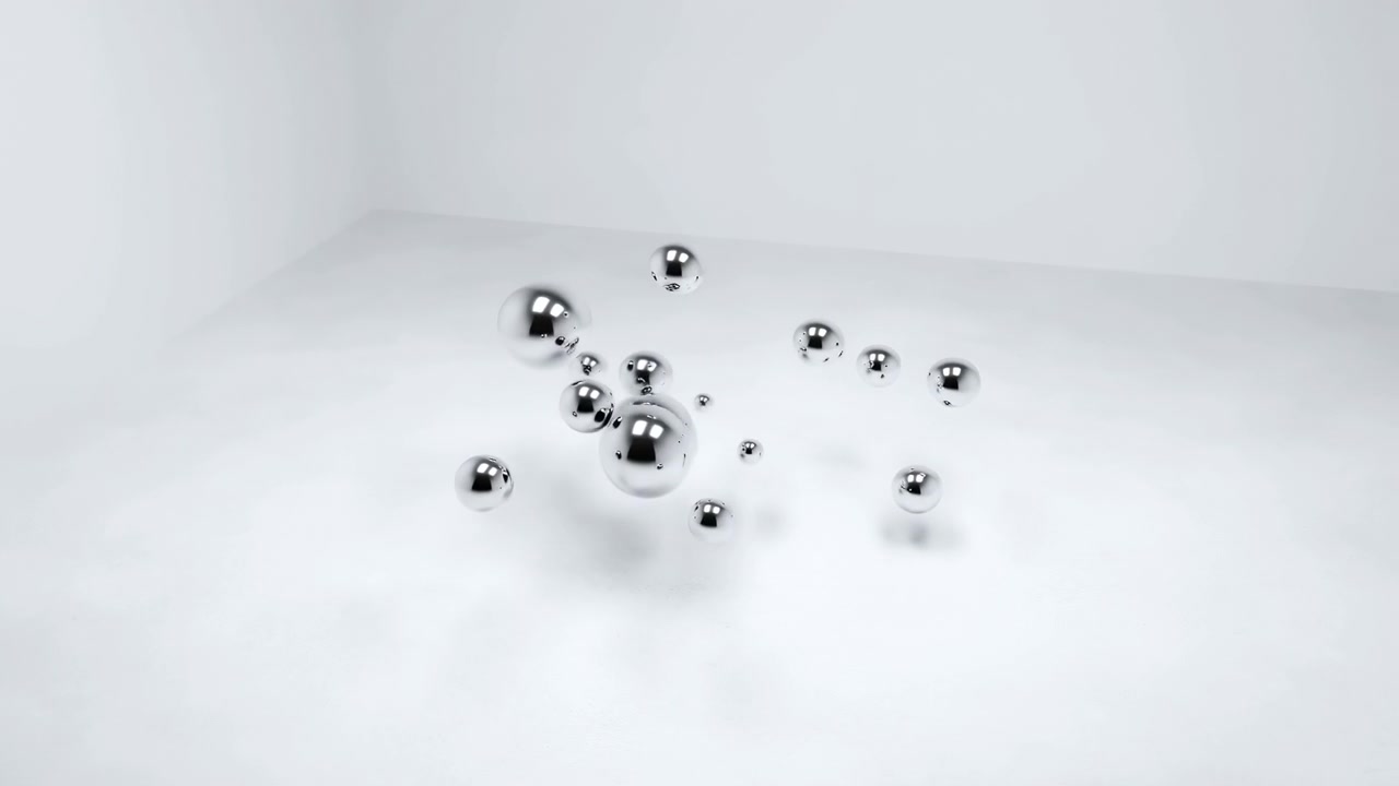 Cluster of polished chrome spheres of varying sizes hovers and descends inside seamless white studio corner, forming graceful arc over matte floor with soft shadows, reflections, clean modern luxury
