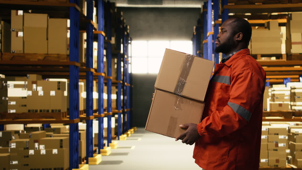African american worker securing packages for dispatch in industrial facility
