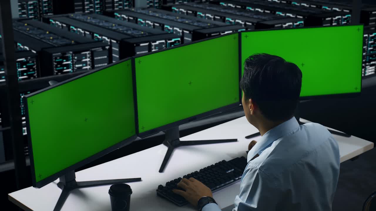 vista trasera de un hombre asiático cansado bostezando mientras trabajaba con un simulacro de varios monitores de computadora en el centro de datos