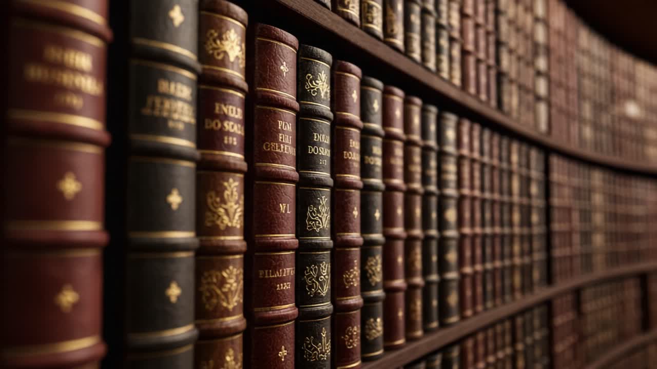 A Stunning Close-Up View of an Elegant Library's Collection of Vintage Leather-Bound Books, Showcasing Timeless Literature and History in Exquisite Detail