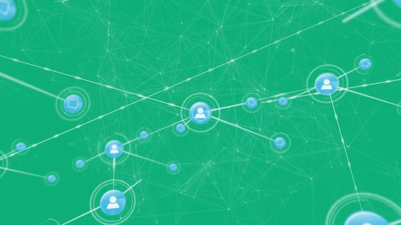 Animation of network of connections with icons over green background with constellations