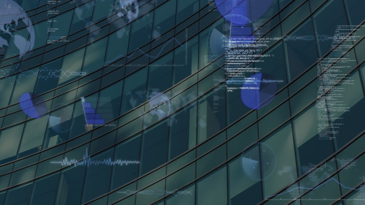 Animation of data processing and spinning globes against tall building