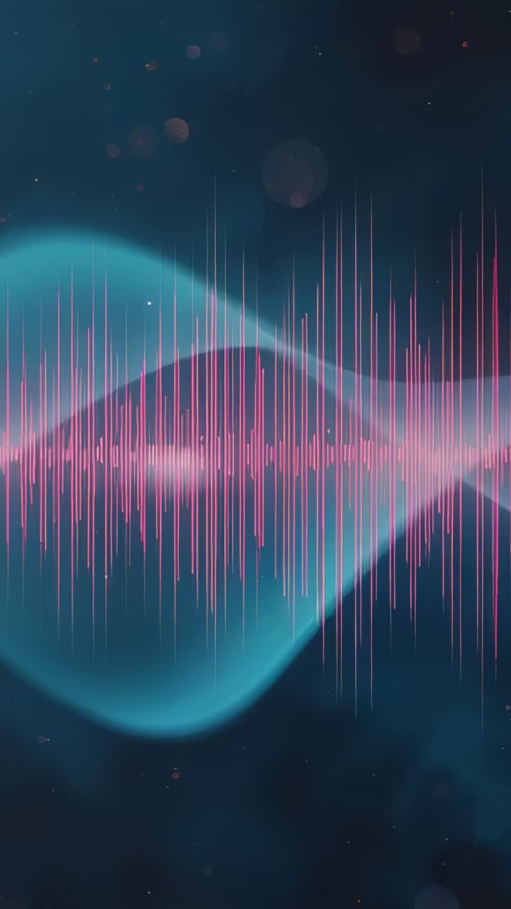 Vertical video: Reacting to audio, waveform shifting pulsing over blue void, teal ribbon, pink bars