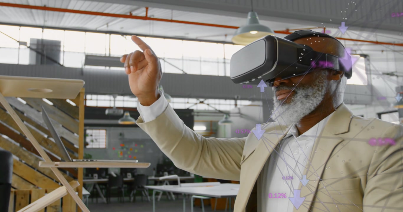 Vertical video: Designer raising hand gesturing and reviewing plans while VR overlays clustering