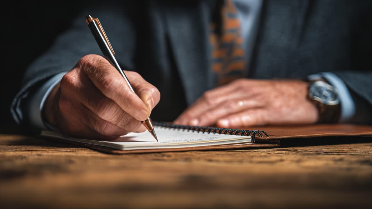 A Focused Writer Captures Ideas on Paper with Precision and Care, Using a Pen to Express Thoughts in a Notebook Amidst a Timeless, Rustic Setting