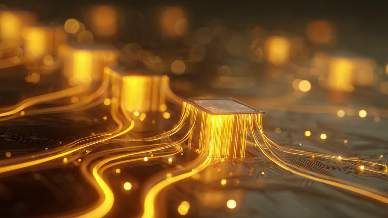 Advanced central processing unit with glowing golden light streams of data moving along circuits, representing futuristic technology, artificial intelligence, and high speed data transfer