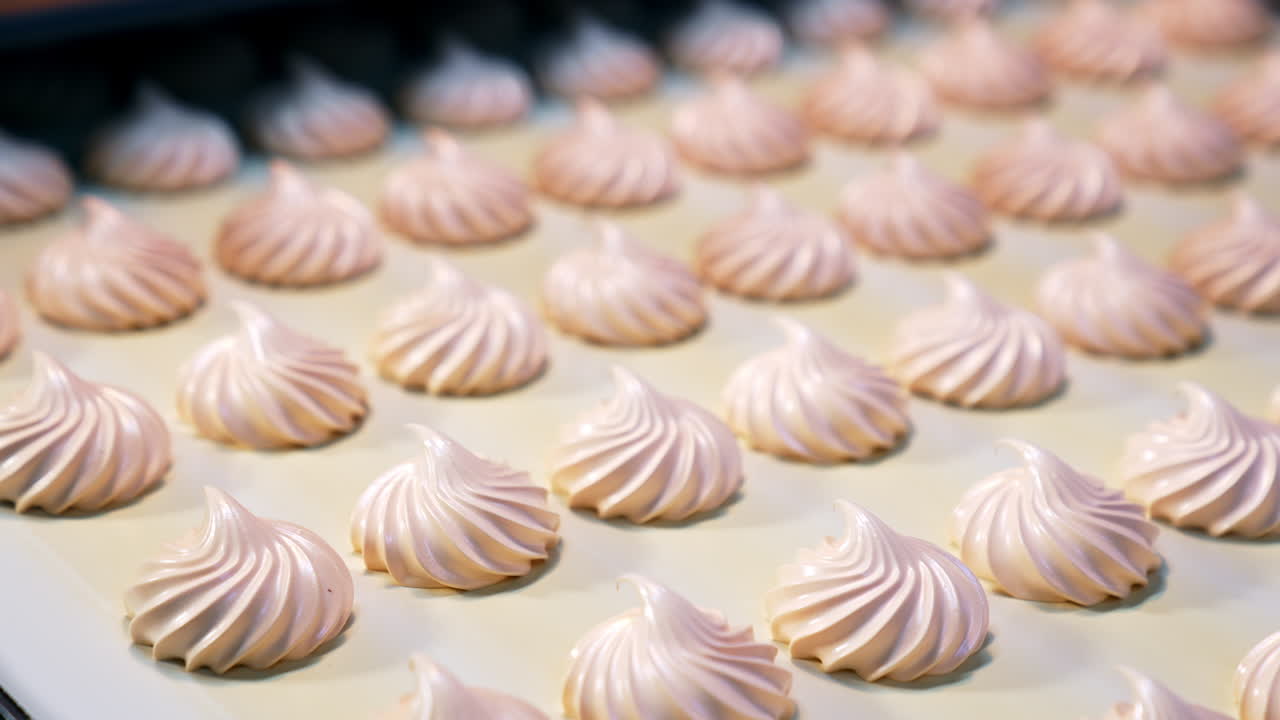 Marshmallow candies appearing from the automation line on food factory. Delicious desserts close on blurred background.