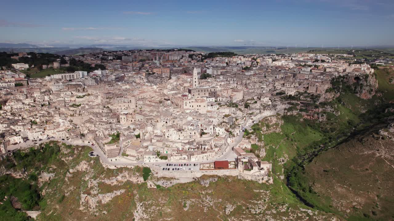Aerial view of old famous italian city Matera on top of a canyon, italy