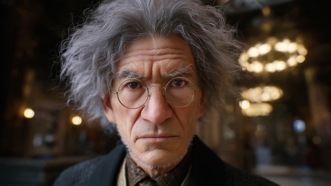 Un personaggio animato profondamente espressivo con capelli grigi selvaggi e occhiali guarda intensamente lo spettatore, ritratto in un ambiente fantasy ricco di dettagli