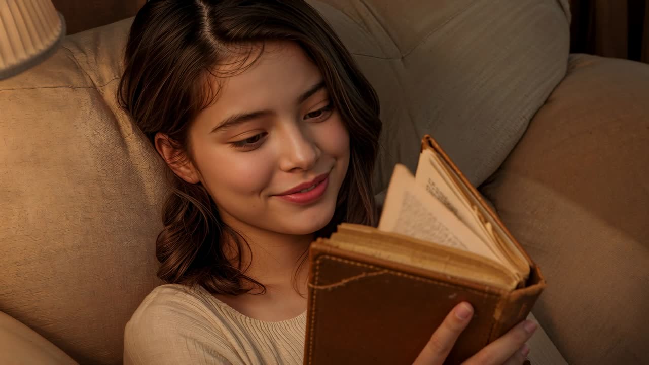 Donna in top a costine su divano beige, apre e studia un libro in pelle accanto a una lampada.