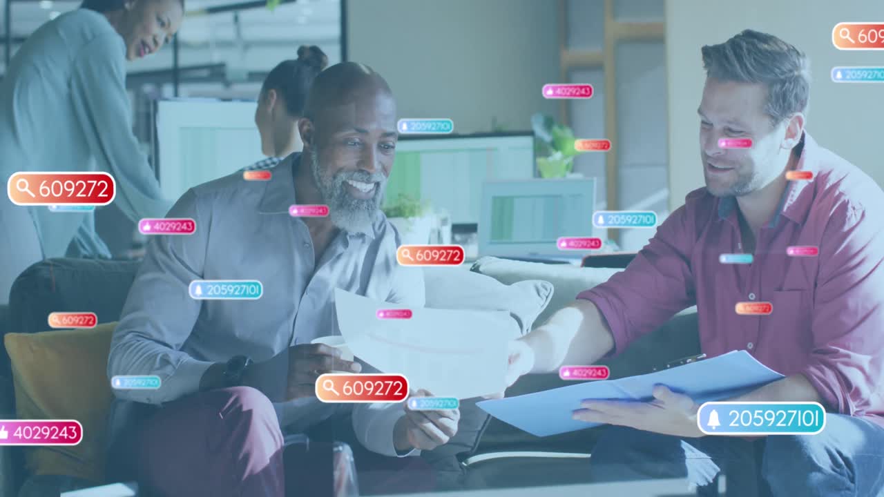 Animation of notification bars with numbers, diverse male coworkers analyzing sales report in office