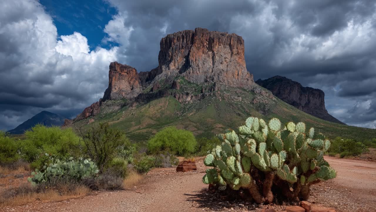 Majestic Mountain Landscape with Cacti Under Dramatic Cloudy Skies: A Captivating Scene of Nature's Beauty and Serenity