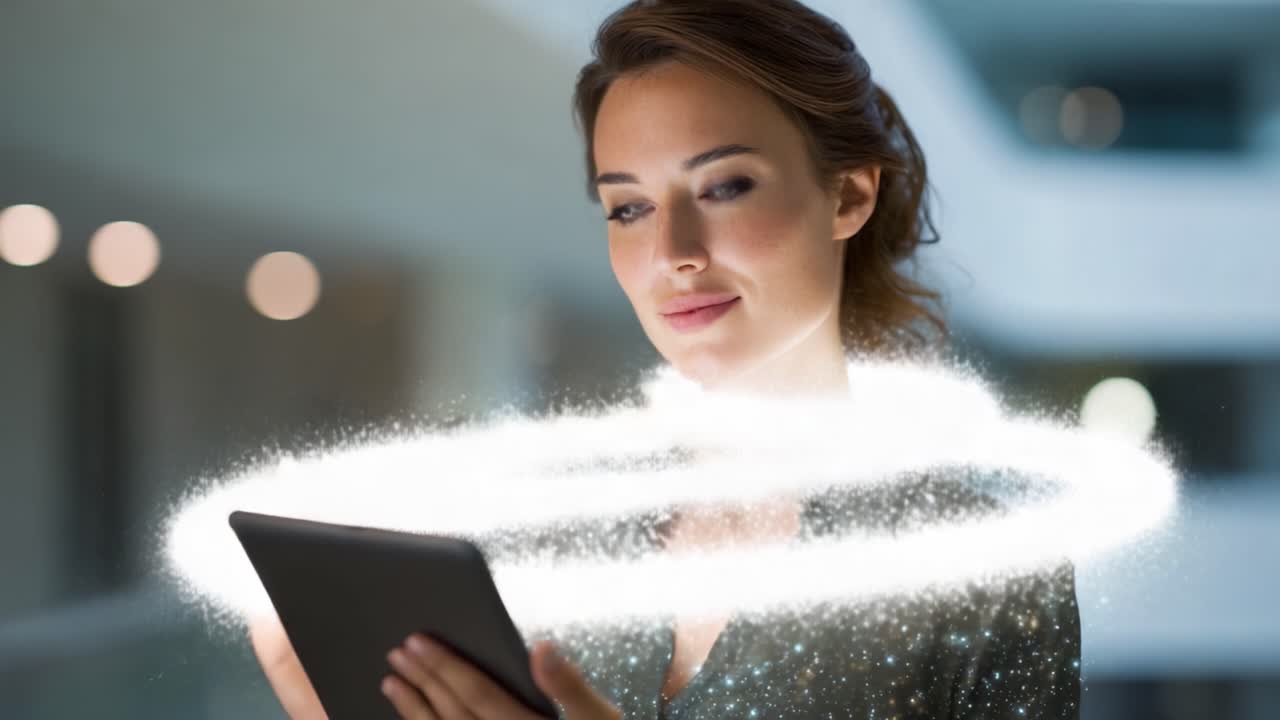 Una donna affascinante utilizza un tablet, circondata da effetti di luce scintillante in un ambiente interno moderno e luminoso