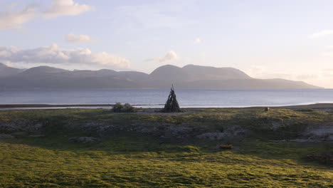 Landscape-shot-in-Skipness-with-the-Isle-of-Arran-in-the-distance,-Scotland