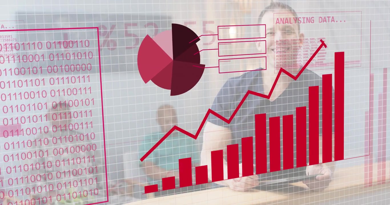 Man activating tablet at counter, generating red globe, pie chart and analysing business data