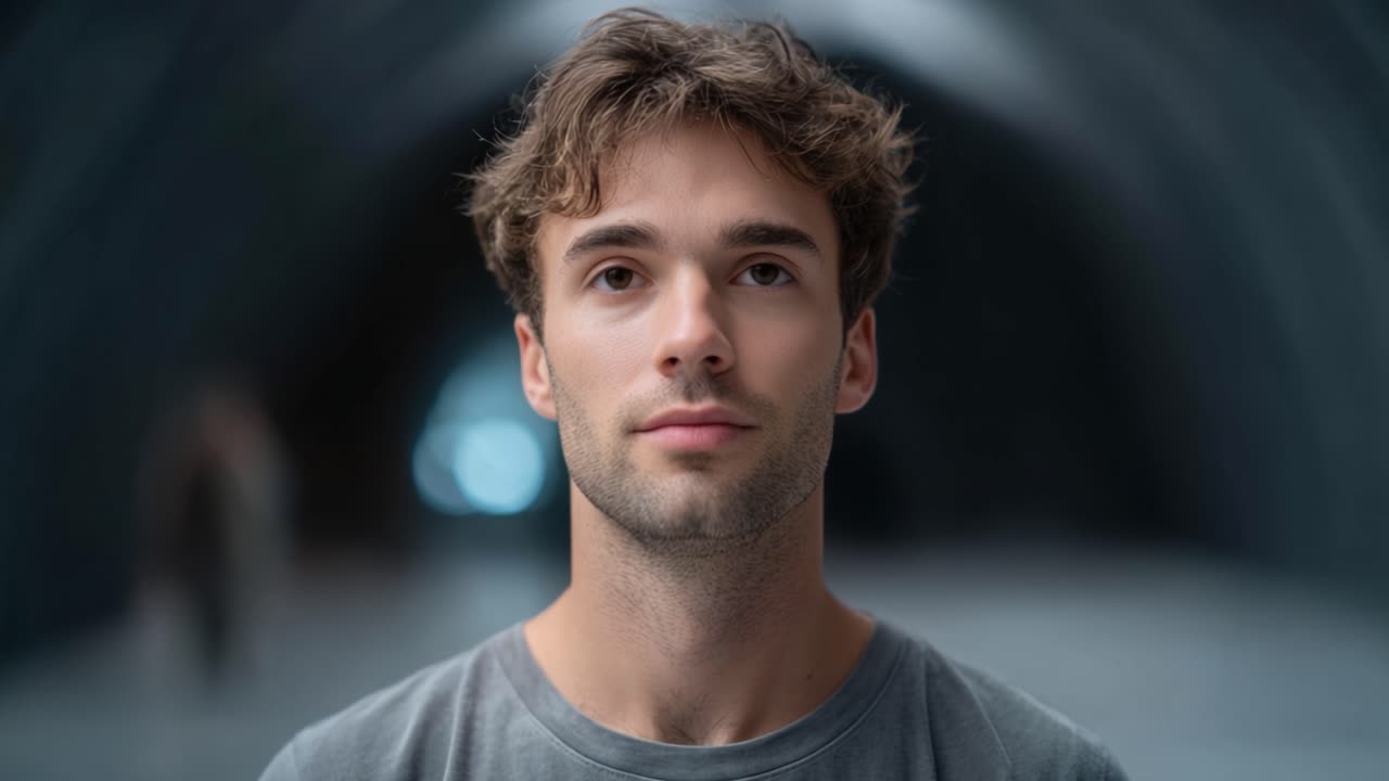 Un giovane uomo contemplativo passa da un profondo relax a un'espressione concentrata, catturato in due fotogrammi che mettono in risalto un'atmosfera serena e introspettiva.