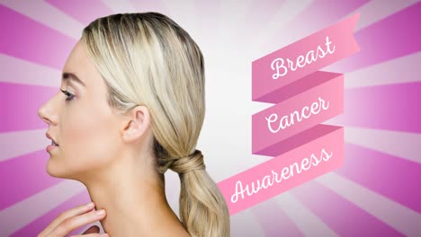 animation of pink breast cancer text over young woman