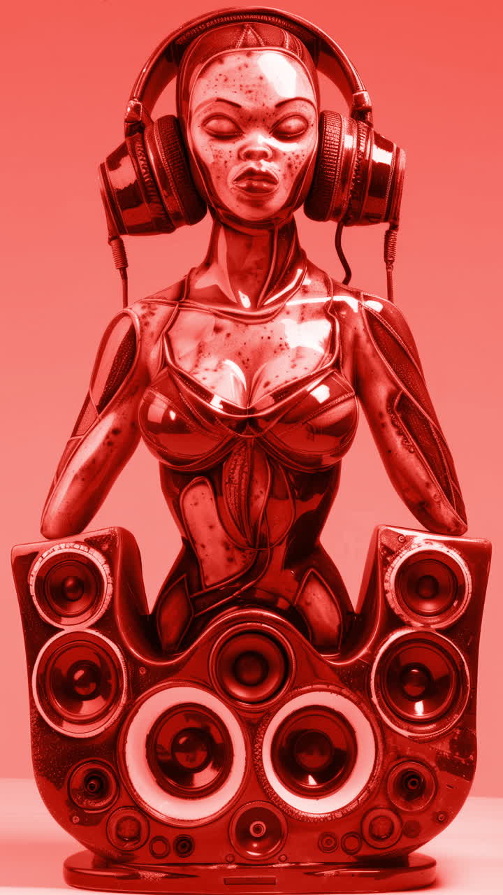 porcelain female statue dolls with audio speakers and headphones made with AI