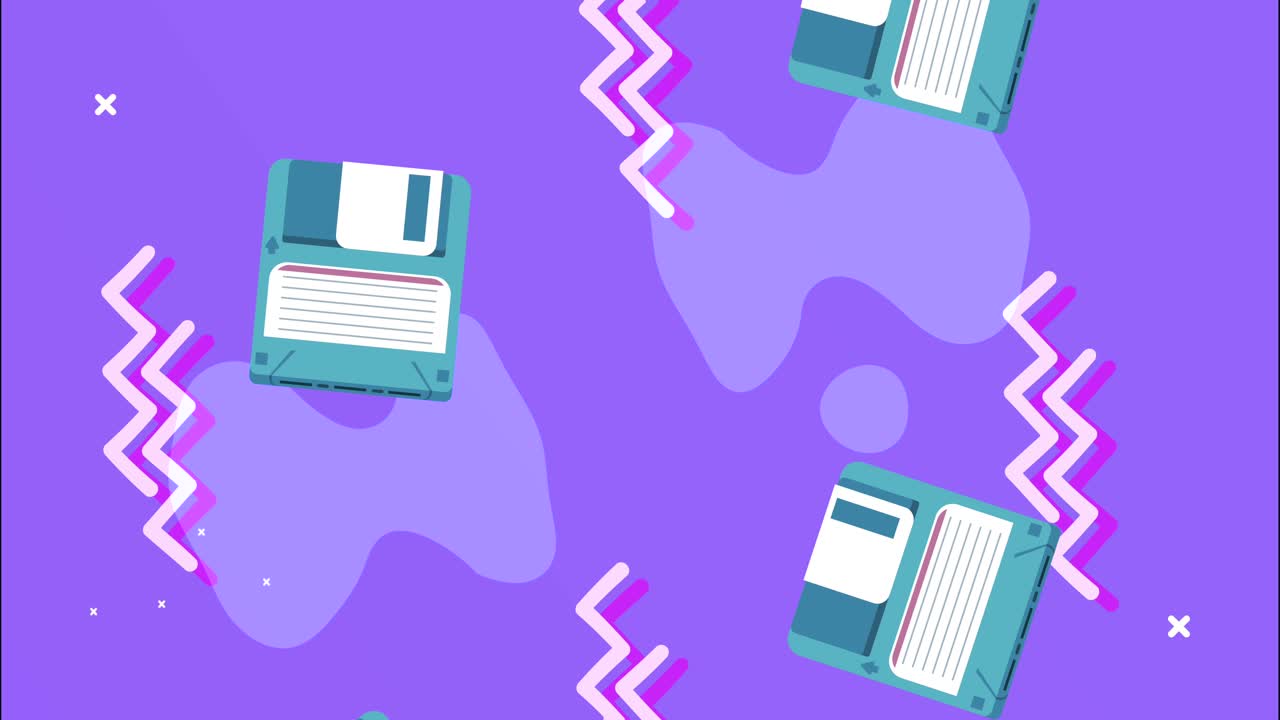 floppy disks in memphis retro style background