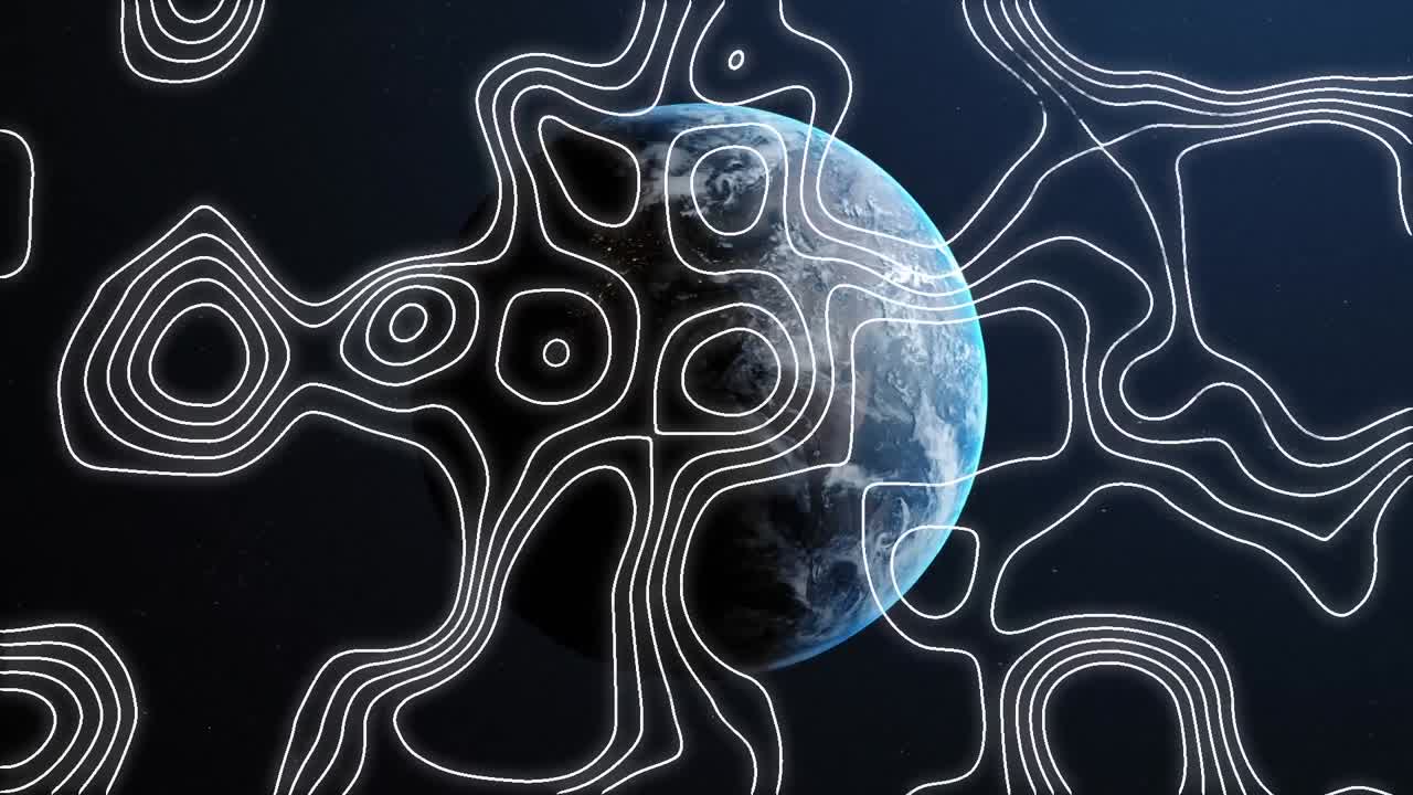 Animation of shapes moving over globe on black background