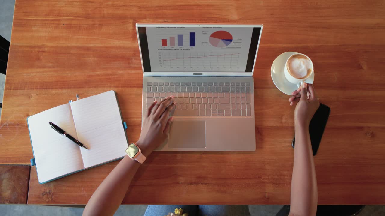 Woman is pausing typing on laptop showing charts, reaching for coffee cup to sip at table