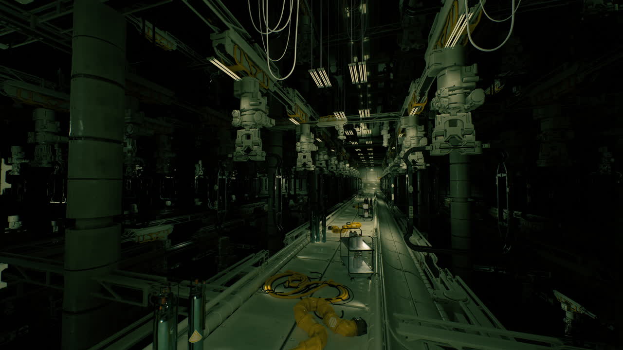 Advanced industrial environment with drones and reflective floors