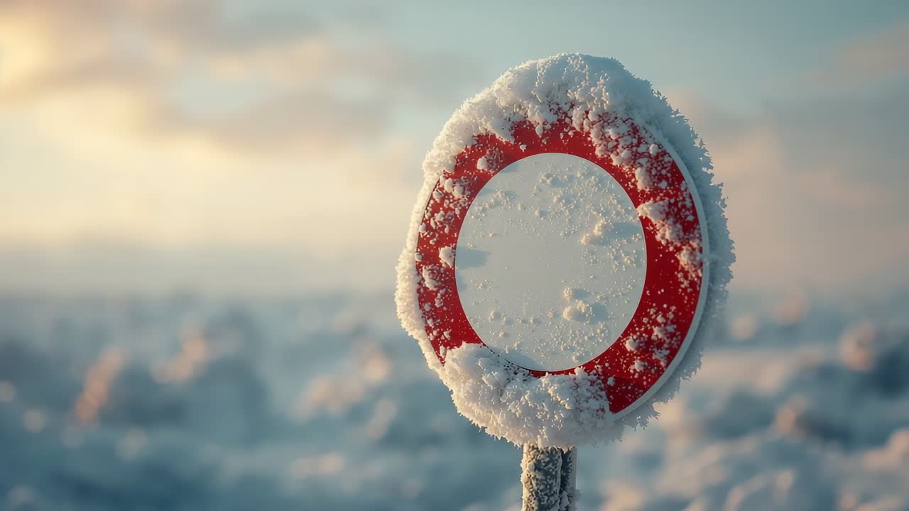 Dawn light arriving causing camera focusing on frosted traffic sign at snowy plain with red ring